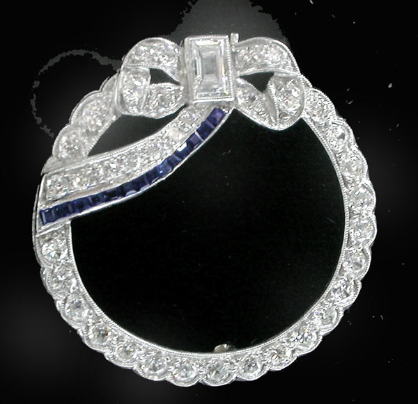 Art Deco 0.50ct Rectangular  Diamond & Sapphire Platinum Round Bow Pin/ Pendant