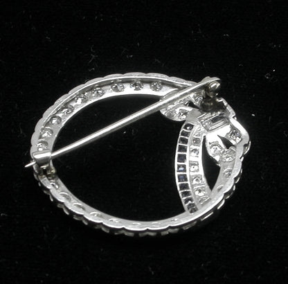 Art Deco 0.50ct Rectangular  Diamond & Sapphire Platinum Round Bow Pin/ Pendant