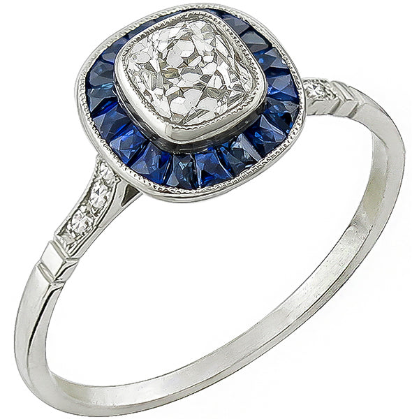 Art Deco  0.57ct Cushion  Cut Diamond Sapphire Platinum Engagement Ring