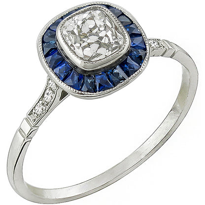 Art Deco  0.57ct Cushion  Cut Diamond Sapphire Platinum Engagement Ring