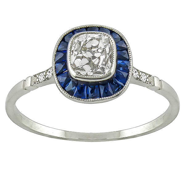 Art Deco  0.57ct Cushion  Cut Diamond Sapphire Platinum Engagement Ring