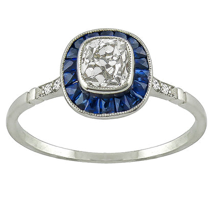 Art Deco  0.57ct Cushion  Cut Diamond Sapphire Platinum Engagement Ring
