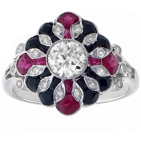 Art Deco  0.60ct Center Diamond 0.61ct Ruby & Onyx Gold Ring