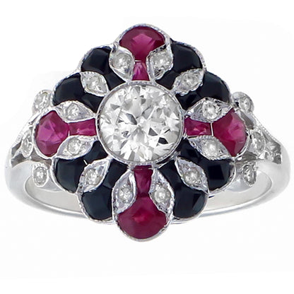 Art Deco  0.60ct Center Diamond 0.61ct Ruby & Onyx Gold Ring