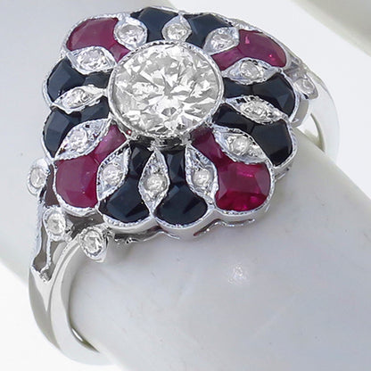 Art Deco  0.60ct Center Diamond 0.61ct Ruby & Onyx Gold Ring
