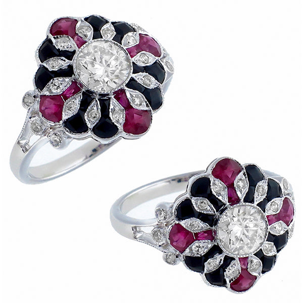 Art Deco  0.60ct Center Diamond 0.61ct Ruby & Onyx Gold Ring