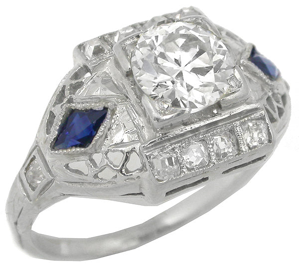 Art Deco 0.60ct Old Mine Cut Diamond Sapphire 14k White Gold Engagement Ring