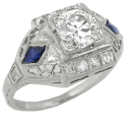 Art Deco 0.60ct Old Mine Cut Diamond Sapphire 14k White Gold Engagement Ring
