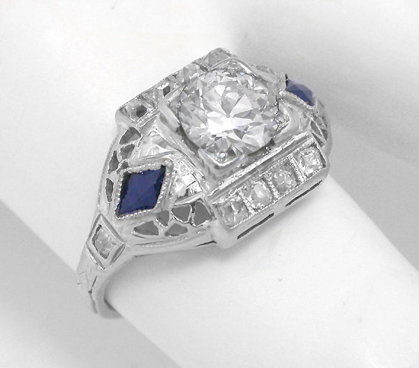 Art Deco 0.60ct Old Mine Cut Diamond Sapphire 14k White Gold Engagement Ring