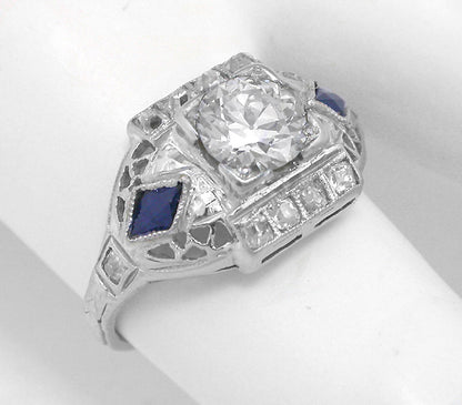 Art Deco 0.60ct Old Mine Cut Diamond Sapphire 14k White Gold Engagement Ring