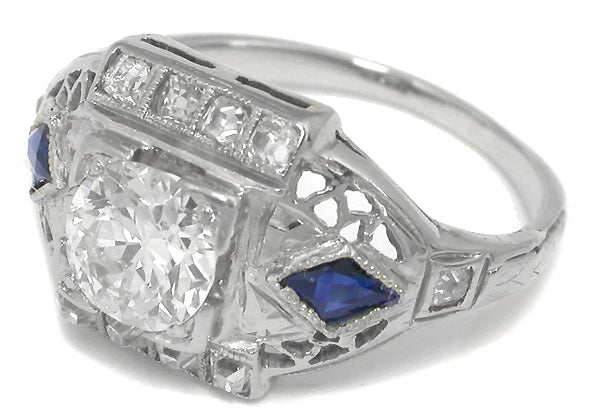 Art Deco 0.60ct Old Mine Cut Diamond Sapphire 14k White Gold Engagement Ring
