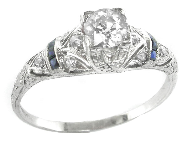 Art Deco 0.60ct Round Brilliant Diamond Saphhire Platinum Engagement Ring
