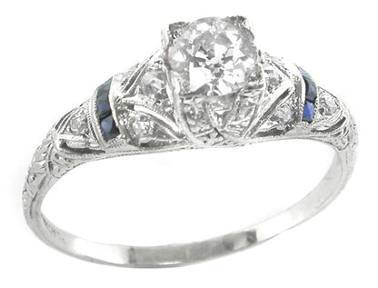 Art Deco 0.60ct Round Brilliant Diamond Saphhire Platinum Engagement Ring