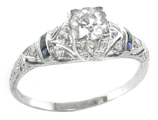Art Deco 0.60ct Round Brilliant Diamond Saphhire Platinum Engagement Ring