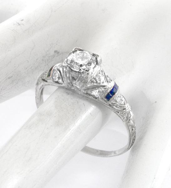 Art Deco 0.60ct Round Brilliant Diamond Saphhire Platinum Engagement Ring