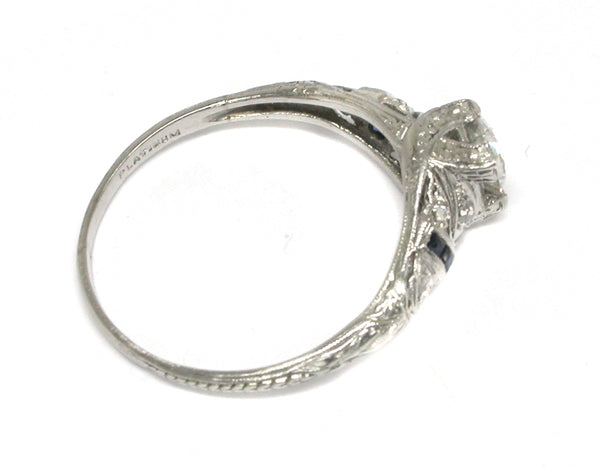 Art Deco 0.60ct Round Brilliant Diamond Saphhire Platinum Engagement Ring
