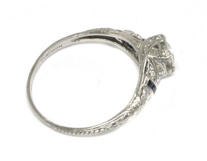 Art Deco 0.60ct Round Brilliant Diamond Saphhire Platinum Engagement Ring
