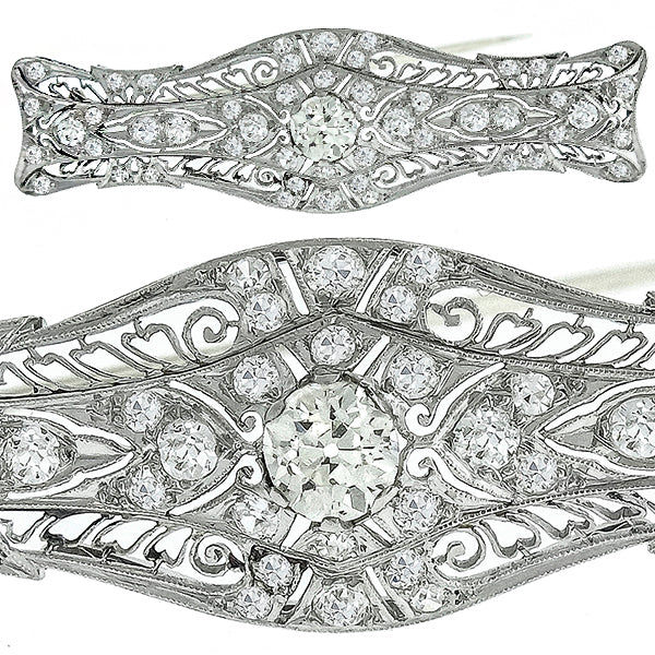 Art Deco Old Mine Cut Diamond Platinum Bar Pin