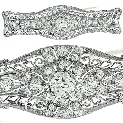 Art Deco Old Mine Cut Diamond Platinum Bar Pin