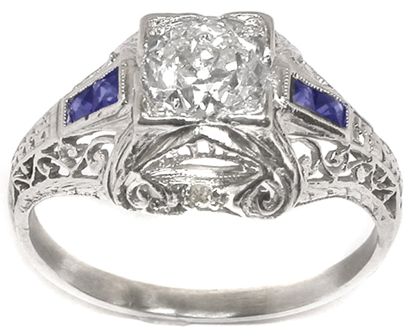 Art Deco 0.70ct Old Mine  Cut Diamond Sapphire Platinum Engagement Ring