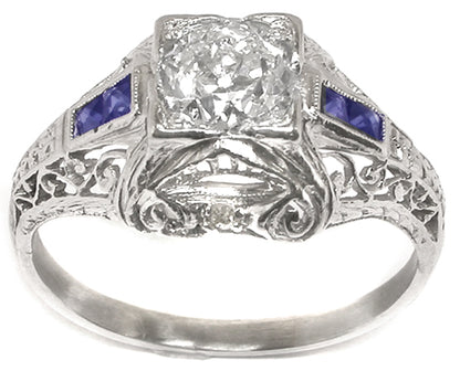 Art Deco 0.70ct Old Mine  Cut Diamond Sapphire Platinum Engagement Ring