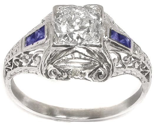 Art Deco 0.70ct Old Mine  Cut Diamond Sapphire Platinum Engagement Ring