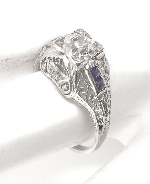 Art Deco 0.70ct Old Mine  Cut Diamond Sapphire Platinum Engagement Ring