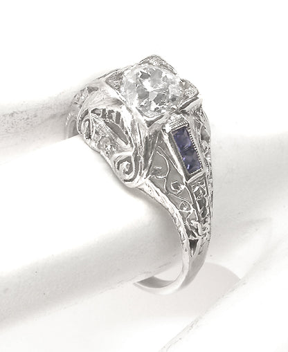 Art Deco 0.70ct Old Mine  Cut Diamond Sapphire Platinum Engagement Ring