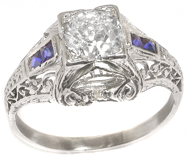 Art Deco 0.70ct Old Mine  Cut Diamond Sapphire Platinum Engagement Ring