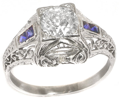 Art Deco 0.70ct Old Mine  Cut Diamond Sapphire Platinum Engagement Ring