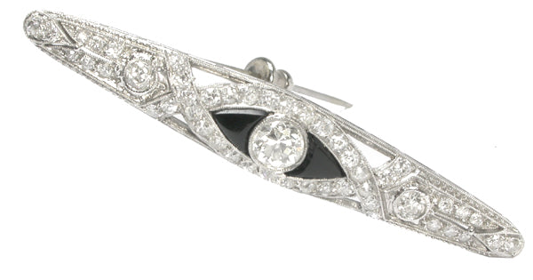 Art Deco 0.70ct Old Mine   Diamond & Onyx Platinum Pin