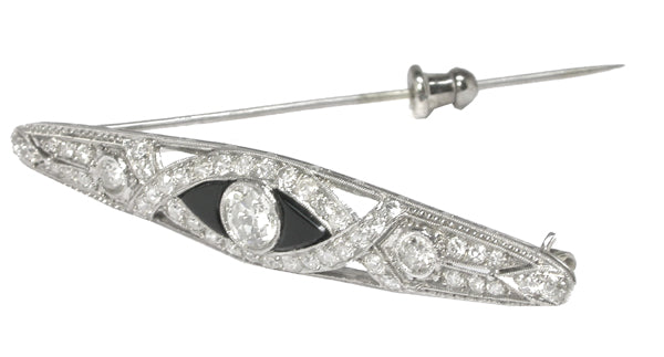 Art Deco 0.70ct Old Mine   Diamond & Onyx Platinum Pin