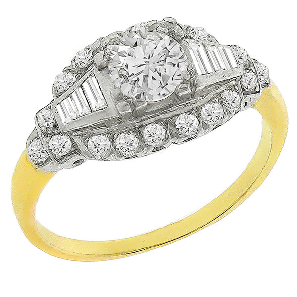 Art Deco 0.70ct Round Cut Diamond 14k Yellow & White  Gold Engagement Ring