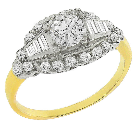 Art Deco 0.70ct Round Cut Diamond 14k Yellow & White  Gold Engagement Ring