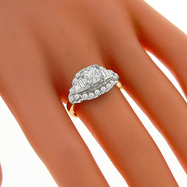 Art Deco 0.70ct Round Cut Diamond 14k Yellow & White  Gold Engagement Ring