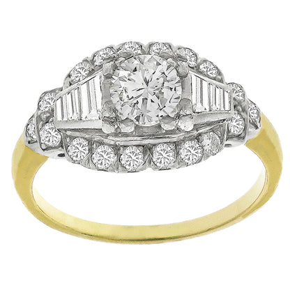 Art Deco 0.70ct Round Cut Diamond 14k Yellow & White  Gold Engagement Ring