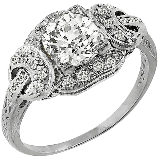 Art Deco 0.76ct Old Mine Cut Diamond Platinum Engagement Ring