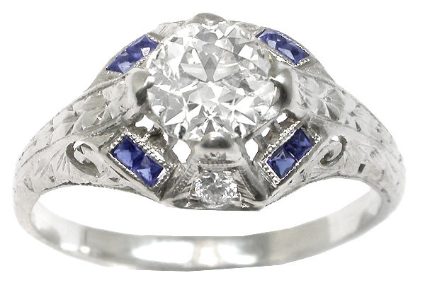 Art Deco 0.80ct Old European  Diamond Sapphire Platinum Engagement Ring