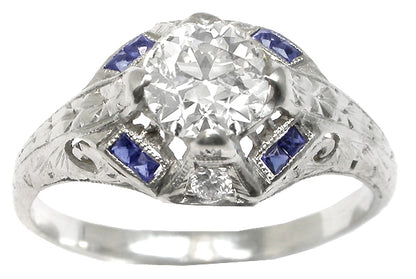 Art Deco 0.80ct Old European  Diamond Sapphire Platinum Engagement Ring