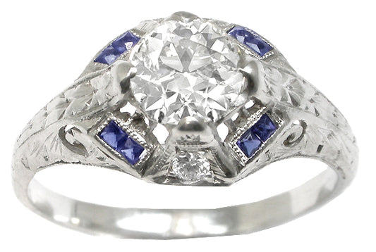 Art Deco 0.80ct Old European  Diamond Sapphire Platinum Engagement Ring