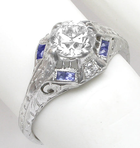 Art Deco 0.80ct Old European  Diamond Sapphire Platinum Engagement Ring