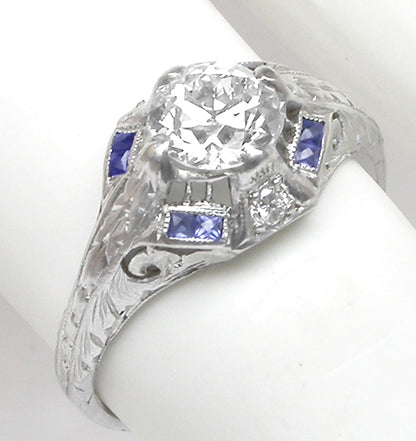 Art Deco 0.80ct Old European  Diamond Sapphire Platinum Engagement Ring