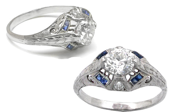 Art Deco 0.80ct Old European  Diamond Sapphire Platinum Engagement Ring