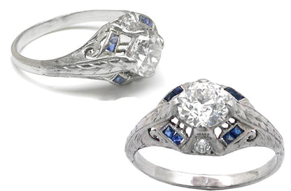 Art Deco 0.80ct Old European  Diamond Sapphire Platinum Engagement Ring