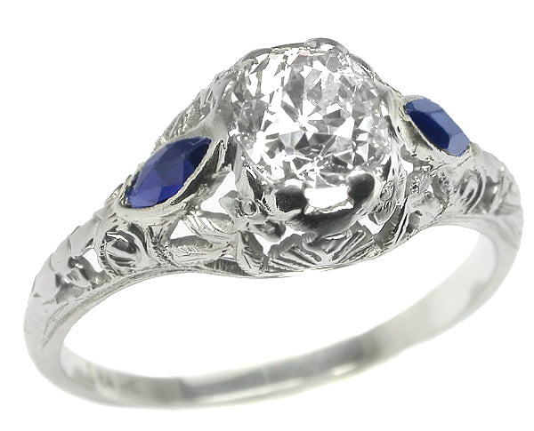 Art Deco 0.89ct Old European Cut Diamond Sapphire 18k White Gold Engagement Ring