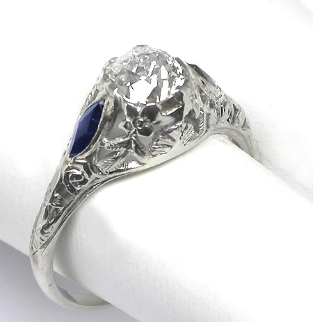 Art Deco 0.89ct Old European Cut Diamond Sapphire 18k White Gold Engagement Ring