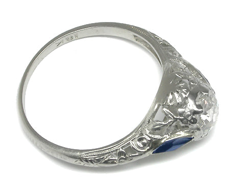Art Deco 0.89ct Old European Cut Diamond Sapphire 18k White Gold Engagement Ring
