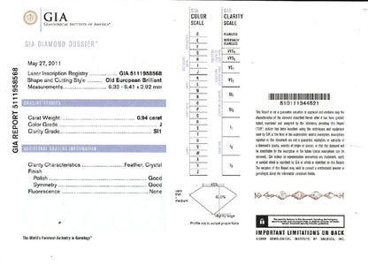 Art Deco 0.94ct Old European Diamond Platinum  Engagement Ring