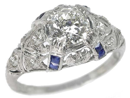 Art Deco 0.98ct Diamond & Sapphire Platinum Engagement Ring