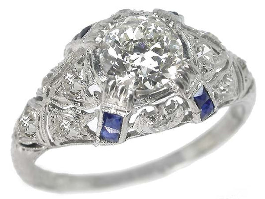Art Deco 0.98ct Diamond & Sapphire Platinum Engagement Ring